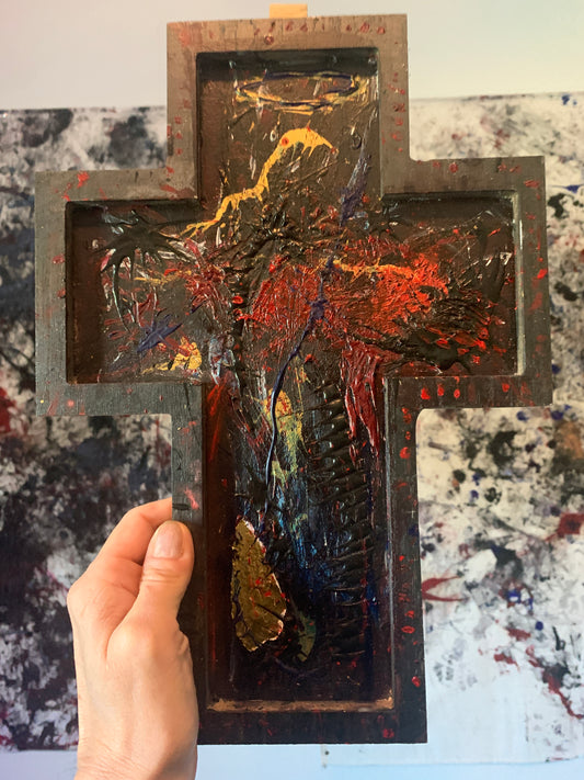 "The Ghost of Things to Come" Original Mixed-Media Cross Painting — 9” × 14”
